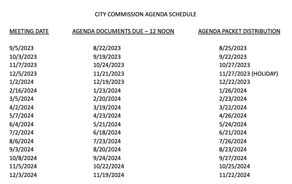 City Commission Agenda Schedule